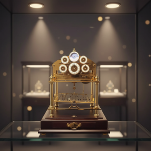 Reloj de escape de latón dorado de 24K con riel en zigzag de los años 20, cadena de fusibles de bola rodante de Congreve, fase lunar visible y plataforma, con cajón - Product Image 1