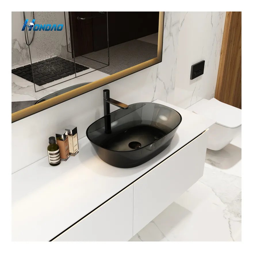 High-End yuvarlak şekil renkli özelleştirilmiş şeffaf havza reçine el lavabo