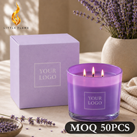 Bougie parfumée artisanale à 3 mèches en cire de soja, avec logo personnalisé LF, parfum floral lavande, dans un bocal en verre, avec fiche de données de sécurité (MSDS), idéale pour les mariages, étiquette personnalisée.