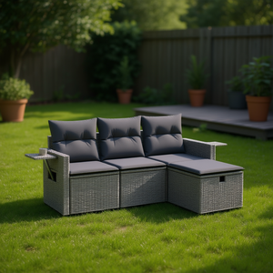 Conjunto de Sofá Modular de Jardín en Poliratán Gris con Almacenamiento, Muebles de Exterior de Diseño Contemporáneo con Cojines Impermeables - Product Image 2