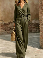 Ensemble tendance automne deux pièces pour femme LWC035, haut à col en V noué et pantalon large, tenue décontractée pour les vacances