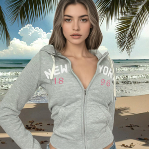 Sudadera con capucha retro de invierno estilo americano con bordado frontal, estampado digital, cierre de cremallera en la cintura, corte regular, sexy, casual, deportiva, ODM - Product Image 3