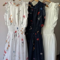 Summer Chic Fresh Floral Print Bow Lace up Stand Collar Sleeveless Ruffles Sweet Women Dress