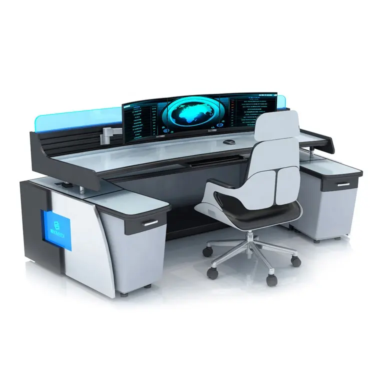 Commercial Furniture Workstation Factory Customize Led Light Electric Lifting Desk Office Control Command Console Monitor Design