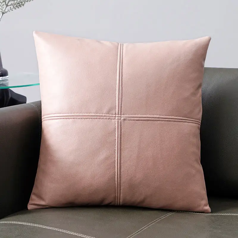 Decorative Faux Leather Cross Stitching Throw Cushion Cover 18x18 Inch Hotel Decor Faux Leather Pillow Case For Couch Sofa