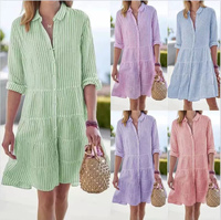 Robe chemise rayée col montant nouvelle collection automne 2026 - Robe décontractée style vacances à la française pour femme