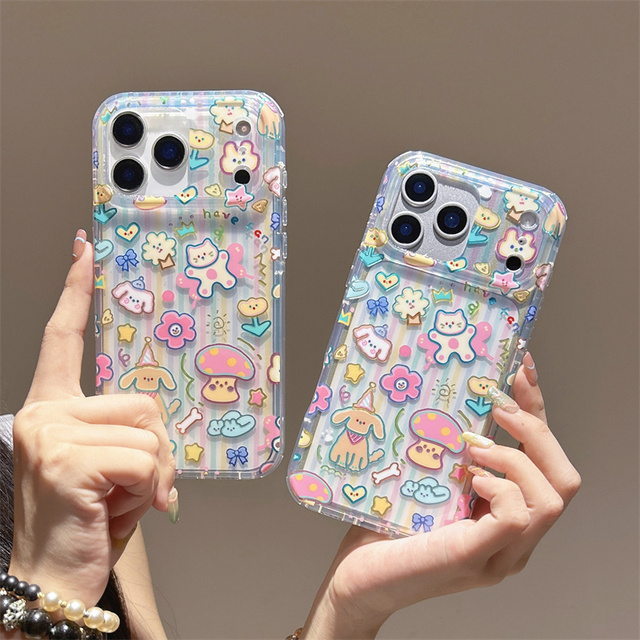 Rainbow Cute Dog cat PC Mobile Phone Case for iPhone 17 Air 16 15 Pro Max Flower IMD Cases Cartoon Ins Shockproof Back Cover