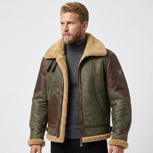 Chaqueta <span class=keywords><strong>de</strong></span> Piel <span class=keywords><strong>de</strong></span> Oveja para Hombre, Estilo Vintage, Combinación <span class=keywords><strong>de</strong></span> Piel y Cuero, Chaqueta <span class=keywords><strong>de</strong></span> Piel <span class=keywords><strong>de</strong></span> Oveja OEM para Hombre - Product Image 1