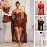 Set Lingerie Babydoll Wanita Seksi Berbahan Renda dengan Jubah Kimono Panjang, Pakaian Tidur Jala Bermotif Bunga, Pakaian Tidur Pengantin Elegan Grosir
