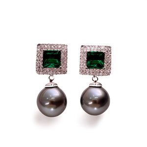 Orecchini pendenti con perle di Tahiti verdi e bianche, montatura geometrica in argento, perle coltivate rotonde AAA, lusso da donna per feste - Product Image 1