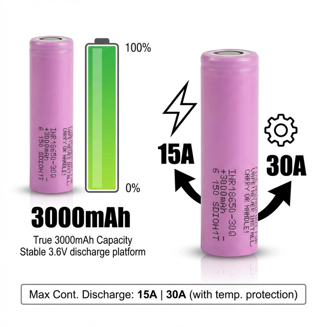 Heavy Duty 18650 INR18650-30Q 3000mAh 15A Discharge Li-ion Battery Cell for High Performance Portable Power and Robotics Use
