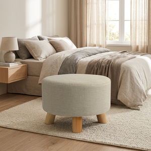 Otomana Redonda Moderna de Tela con Patas de Madera, Estilo Escandinavo, Reposapiés para Dormitorio, Muebles para el Hogar - Product Image 2