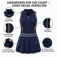 Vestido de Golf y Tenis Haoxichen para Mujer, Color Azul Marino, con Cuello de Cierre de Cremallera, Falda Plisada, Shorts Integrados, Secado Rápido, Venta al Por Mayor OEM