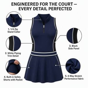 Vestido de Golf y Tenis Haoxichen para Mujer, Color Azul Marino, <span class=keywords><strong>con</strong></span> Cuello de Cierre de Cremallera, <span class=keywords><strong>Falda</strong></span> Plisada, Shorts Integrados, Secado Rápido, Venta al Por Mayor OEM - Product Image 2