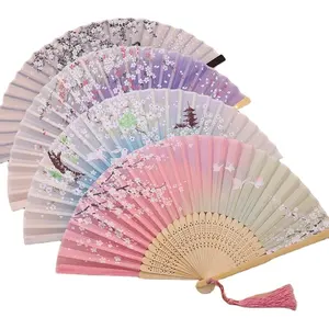 In Stock Chinese Floral Folding Fan With Tassel Silk Bamboo Fan For Wedding Or Dancing