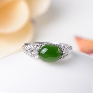 Natural Hetian Jade Ring Women Platinum Plated Green Chalcedony Bezel Setting Open Ring Gift Jewelry - Product Image 1