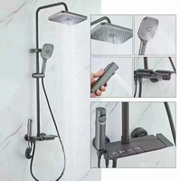 Mitigeur de douche moderne gris anthracite avec barre coulissante, double poignée, pommeau carré en laiton, robinets chaud/froid sur pied