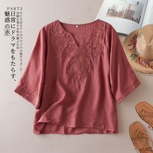Women's Cotton Linen Embroidered V-Neck Top Mid Sleeve Casual Vintage Blouse Everyday Wear Red Pink Yellow Camel - Product Image 1