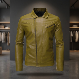 Chaqueta de Cuero PU para Hombre, Estilo Motero, Cierre Completo, Cuello Alto, Color Sólido, Corte Ajustado, Largo Regular, Ropa de Invierno, Transpirable por Delante - Product Image 1