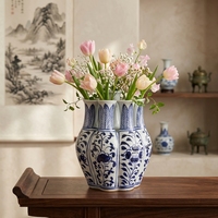 Vase en porcelaine bleu et blanc classique de luxe fait main de Jingdezhen avec 9 trous, tulpière, décoration d'intérieur