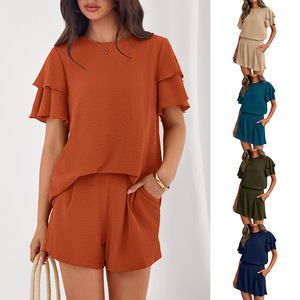 Conjunto de Verano 2026 para Mujer, Cuello Redondo, Color Sólido, Estilo Urbano, Pantalones Cortos, Ecológico, Transpirable, a la Moda - Product Image 3