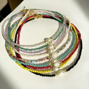 跨界欧美彩色水晶串珠项链女天然淡水珍珠不褪色饰品