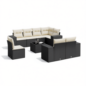 Ensemble de canapés en rotin d'extérieur moderne noir avec coussins crème, mobilier de jardin imperméable au design contemporain - Product Image 1