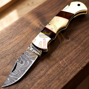 Couteau utilitaire à lame fixe en acier Damas de qualité industrielle, personnalisé OEM, manche en os, étui en cuir de vachette, garantie de 3 ans - Product Image 3
