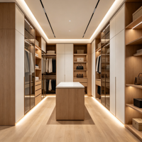 Armoire dressing moderne sur mesure en bois naturel durable avec porte vitrée, éclairage LED chaud et îlot central en bois