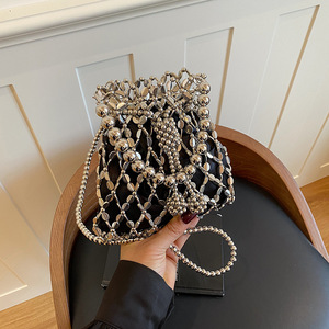 2 Sizes <strong>Sparkling</strong> Silver Acrylic Beaded Bucket <strong>Bag</strong> Women's Handmade Metal Mesh Crossbody Purse Mini Evening <strong>Bag</strong> with Chain Strap - Product Image 1