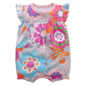 Babado de verão manga curta floral impressão, confortável, tecido, algodão, recém-nascidos, macacão, roupas de bebê
