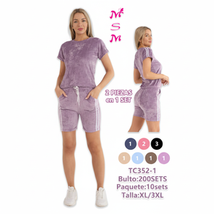 Completo da donna con pantaloncini, maniche corte, girocollo, vestibilità ampia, tinta unita, pantaloncini con coulisse e tasche laterali, abbigliamento casual estivo - Product Image 1