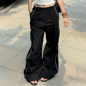 Pantalones Largos Casuales Negros de Cintura Baja Elástica y Pierna Ancha Estilo Europeo Americano para Mujer, Pantalones de Moda de Corte Holgado - Product Image 1
