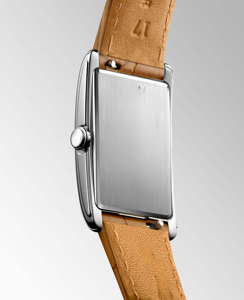 Montre rectangulaire en acier inoxydable avec cadran à chiffres romains et bracelet en cuir marron gaufré croco Longinesing - Product Image 3