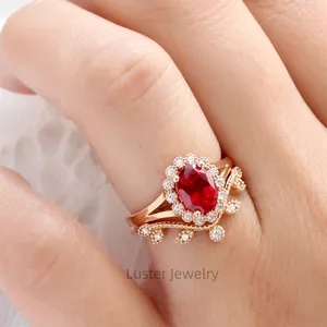 Luster Vintage Halo 1.5ct Oval Red Lab Grown Ruby Moissanite Rose Gold Bridal Female Engagement and Wedding Diamond Ring Set