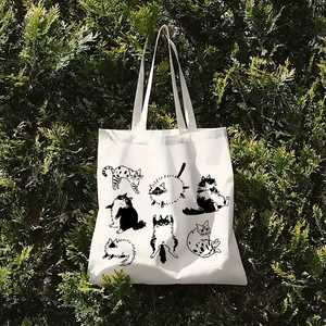 Cadeaux promotionnels, sac fourre-tout en toile avec motifs amusants d'illustrations de chats, adapté à un usage quotidien, au shopping, à l'école et aux voyages - Product Image 6