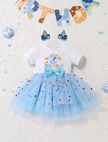 Vestido de Tul Transpirable de Manga Corta para Niñas, Tutú Personalizado para Cumpleaños de Bebés de 1 a 3 Años con Pinzas para el Cabello, Estampado de Dibujos Animados ODM, MOQ 50PCS