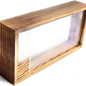 Wooden <b>Shadow</b> <b>Box</b> Double Sided Glass Storage Rectangle Burnt Color Stackable With Lid Desktop Display Case - Product Image 1