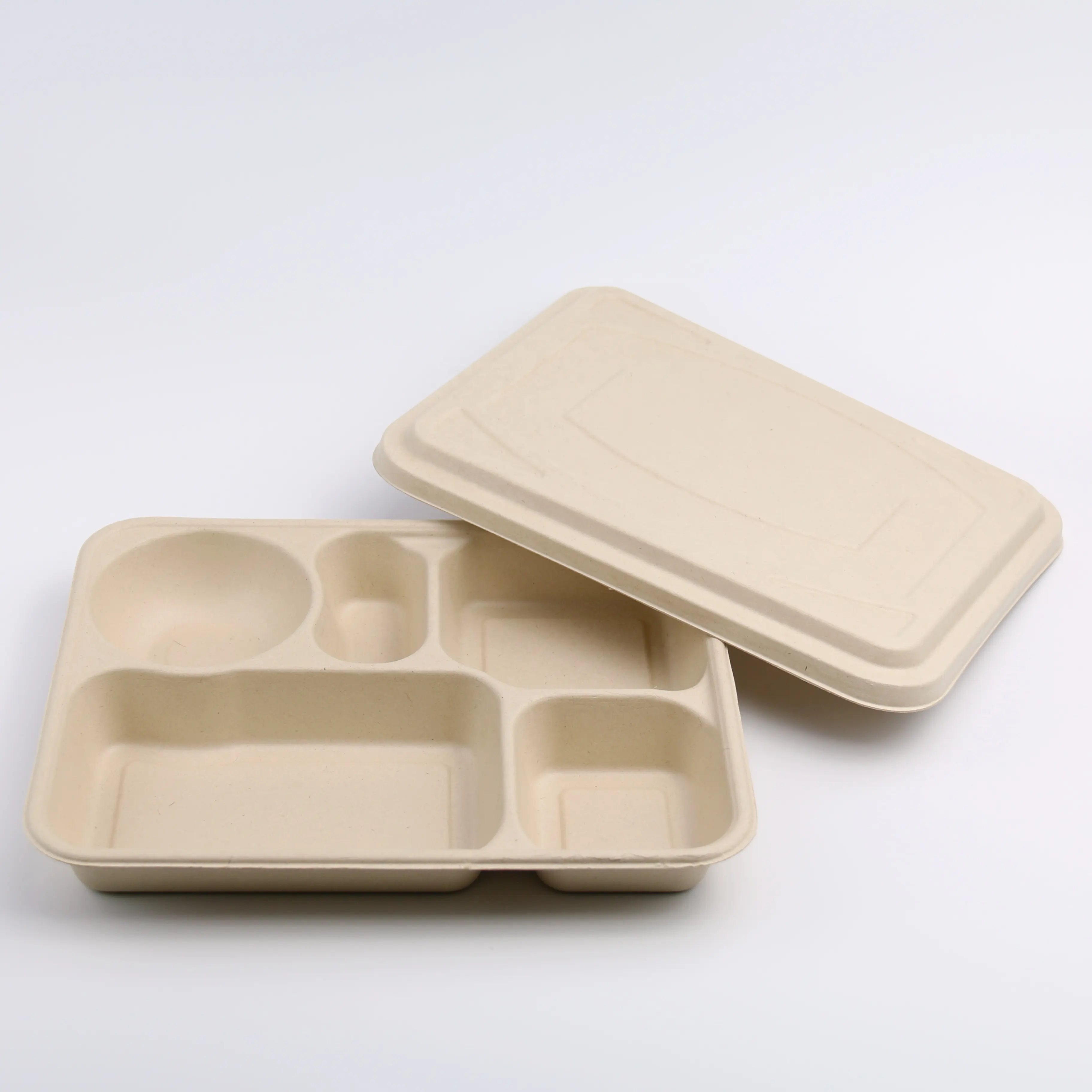 Custom 6 Compartiment Suikerriet Bagasse Voedsel Container Wegwerp Biologisch Afbreekbaar Afhaalbare Lunch Dienblad