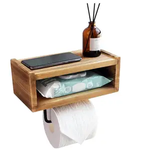 带搁板壁挂的卫生纸架、用于湿巾的乡村卫生纸存储、带金属挂钩的木质浴室搁板
