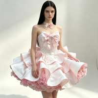 Robe de princesse pour femme, Lolita rose, robe mini sans bretelles avec nœud et volants floraux pour cosplay