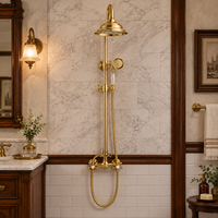 Ensemble de douche apparent en laiton doré antique avec pommeau pluie, douchette téléphonique et poignée croisée pour salle de bain, vente en gros