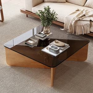 Muebles Modernos para Sala de Estar, Mesa de Centro Pequeña de Madera, Mesa de Té de Vidrio Templado, Diseño Cuadrado - Product Image 1