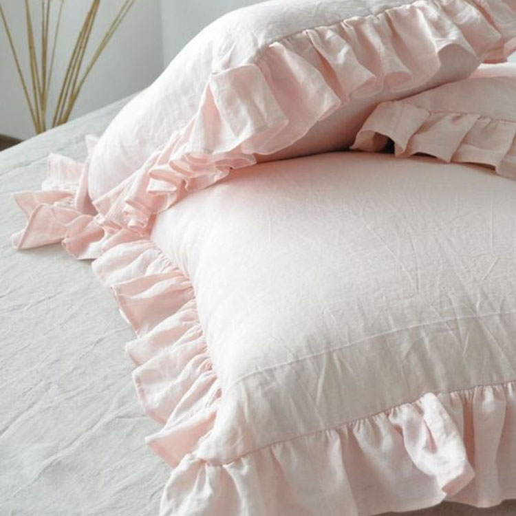 Ensemble de draps en lin à volants rose clair
