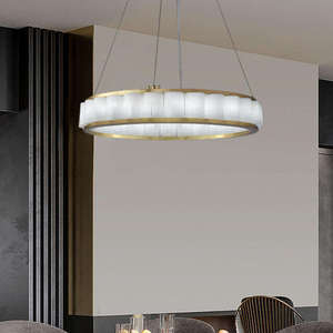 Lustre LED rond doré avec abat-jour en verre pour plafonnier de salon, base d'ampoule E27, blanc chaud 3500K - Product Image 2