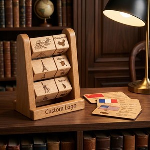 Tour de cubes rotative Montessori personnalisée en bois, avec repères géographiques du monde, drapeaux nationaux et puzzle de géographie à associer, colorée - Product Image 3