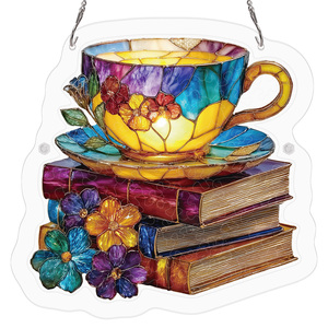 Puzzle en acrylique motif tasses de thé et livres en vitrail, attrape-soleil, décoration suspendue pour fenêtre, vente en gros, logo personnalisé - Product Image 1