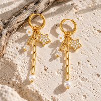 Boucles d'oreilles pendantes en acier inoxydable plaqué or 18 carats avec étoile, zircon et fleur pour femme