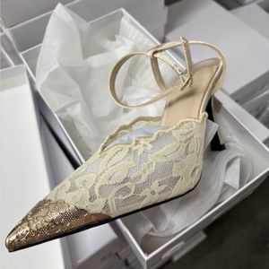 Women's Elegant Black <b>Lace</b> Stiletto Heels Pointed Toe Ankle Strap Metallic Cap Party Wedding <b>Pumps</b> - Product Image 4