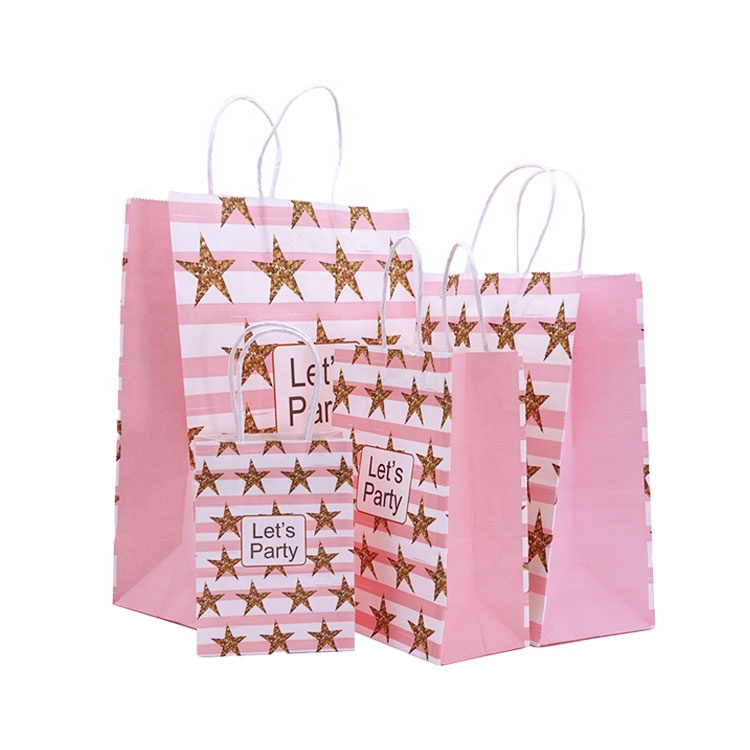 Hot Sale pink Paper Bag with Star Pattern Shopping Gift Bag with Paper Rope Handle